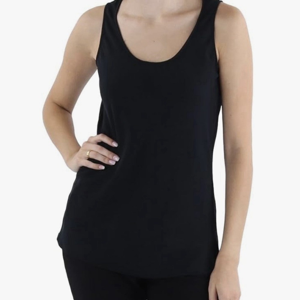 Tahari ASL Georgette Black Scoop Neck Woven Tank Top Size PETITE L Summer NWT